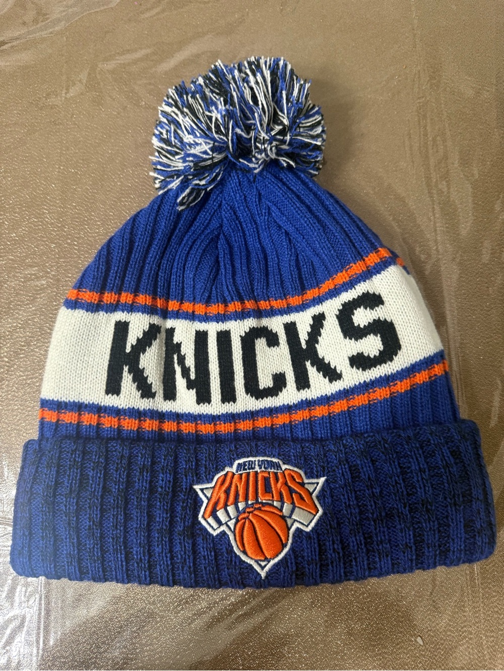 NBA Blue Orange White Pom Beanie with Knicks Logo